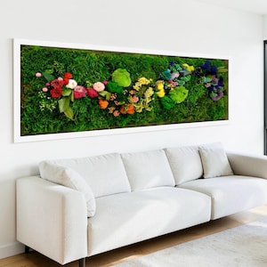 May include: A rectangular wall art piece featuring a vibrant display of preserved moss and colorful flowers. The artwork is framed in white and hangs above a light-colored sofa. The flowers include red, pink, yellow, orange, and blue blooms.