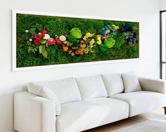 Preserved Moss & Flower Wall Art – Green Wall Decor Moss – Natural Botanical Home Decor, Biophilic Living Room Artwork