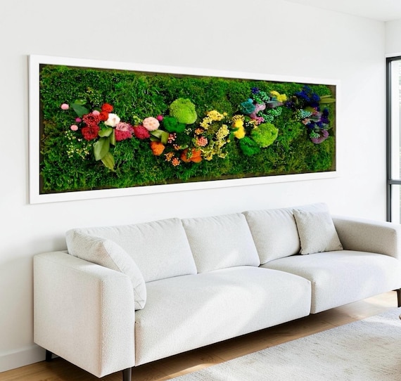 Preserved Moss & Flower Wall Art – Green Wall Decor Moss – Natural Botanical Home Decor, Biophilic Living Room Artwork