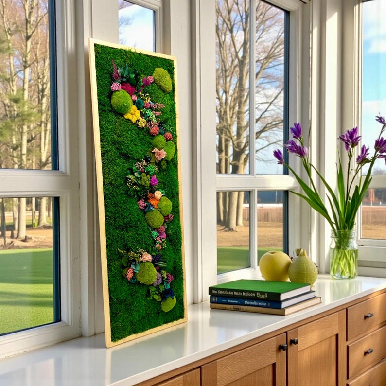 Handmade preserved moss art combined with natural plants. A vibrant green statement that lasts for years.