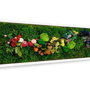 May include: A rectangular wall art piece featuring a vibrant green moss background. Colorful flowers and plants are arranged across the moss, framed by a white border. The floral arrangement includes red, pink, orange, yellow, and blue hues.