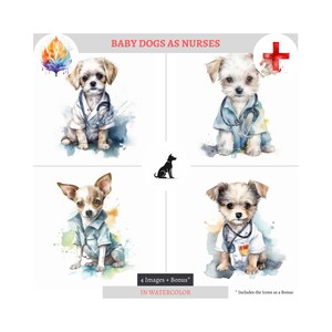 HUNDE im KRANKENSCHWESTER Job Outfit in Wasserfarben | digitaler DOWNLOAD, Packet von vier, plus drei Bonus Icons, perfekt für Kinder