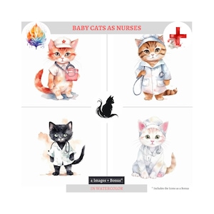 CATS in NURSE job outfits in watercolors | digital DOWNLOAD, set of four, plus three bonus icons, perfect for children.