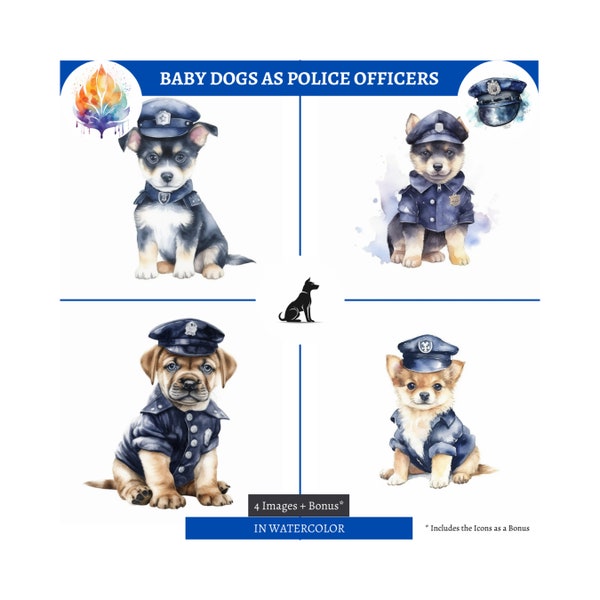 DOGS in POLICE officer job outfits in watercolors | digital DOWNLOAD, set of four, plus three bonus icons, perfect for children.