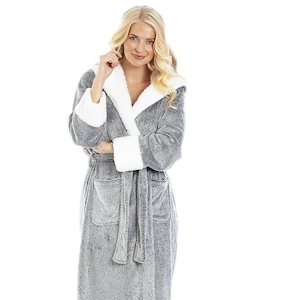 Womens Deep Pile Full Length Fleece Bathrobe with Sherpa Lined Hood & Cuffs