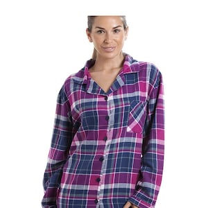 Womens Navy Checkered Long Sleeve Button Front Nightshirt