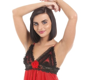 Womens Red And Black Sheer Mesh Babydoll With Thong