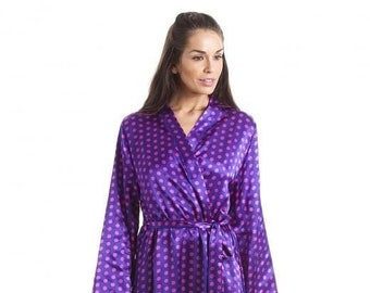 Womens Purple with Pink Polka Dot Luxury Satin Dressing Gown