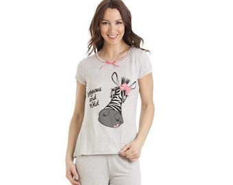 Damen Grau Kurzarm Zebra Motiv Kurze Pyjamas
