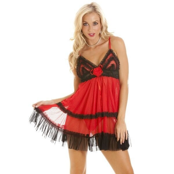 Womens Red And Black Sheer Mesh Babydoll & Thong