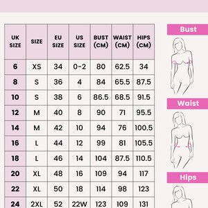 May include: A size chart for women's clothing with UK, EU, and US sizes. The chart shows bust, waist, and hip measurements in centimeters. The chart also includes illustrations of a woman's bust, waist, and hips.