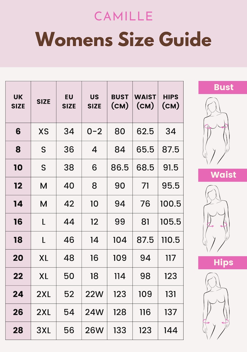 May include: A size chart for women's clothing with UK, EU, and US sizes. The chart shows bust, waist, and hip measurements in centimeters. The chart also includes illustrations of a woman's bust, waist, and hips.
