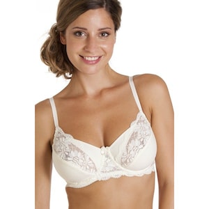 May include: A white lace bra with adjustable straps. The bra has a delicate floral pattern and a smooth, seamless cup.