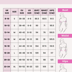 Puede incluir: Una tabla de tallas para ropa de mujer con tallas del Reino Unido, la UE y los EE. UU. La tabla muestra las medidas del busto, la cintura y las caderas en cent&iacute;metros. La tabla tambi&eacute;n incluye ilustraciones de un busto, una cintura y caderas.