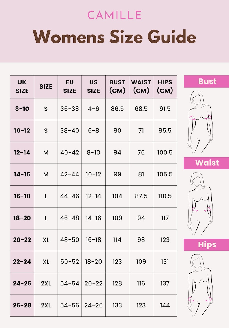Puede incluir: Una tabla de tallas para ropa de mujer con tallas del Reino Unido, la UE y los EE. UU. La tabla muestra las medidas del busto, la cintura y las caderas en cent&iacute;metros. La tabla tambi&eacute;n incluye ilustraciones de un busto, una cintura y caderas.