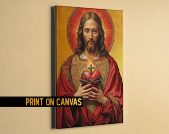 toile sacrée coeur vintage - image sacré coeur médiéval de Jésus-Christ sacré coeur impression sur toile pour décoration murale catholique