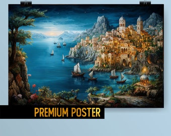 Historic Italian landscape Riviera Scene Premium Poster- Classic Renaissance Art - Seaside Town at Sunset