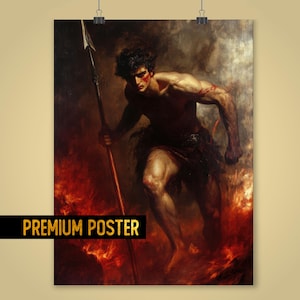 Poster del dio della guerra Ares, dio greco epico Ares in battaglia, scena di battaglia spartana, stampa artistica del guerriero fantasy oscuro per gli appassionati della mitologia greca