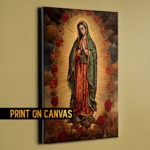 Virgen De Guadalupe Canvas - Lady of Guadalupe - Virgin Mary apparition - Mexican Traditional Catholic Icon - Print on Canvas