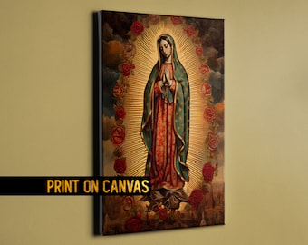 Virgen De Guadalupe Canvas - Lady of Guadalupe - Virgin Mary apparition - Mexican Traditional Catholic Icon - Print on Canvas