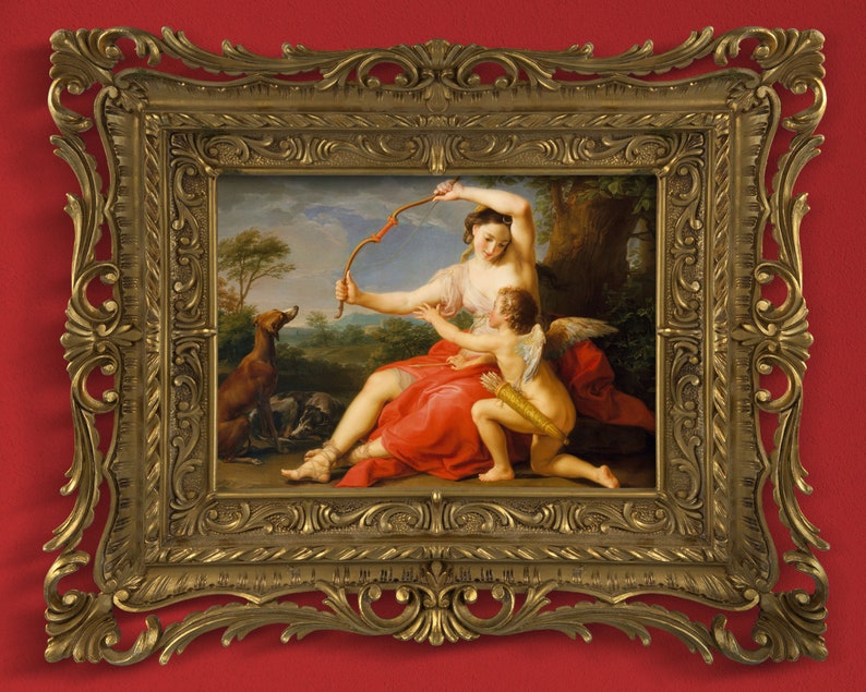 Artemis goddess and Cupid - 18th century rococo painting by Pompeo Batoni - greek mythology cherub for art lovers