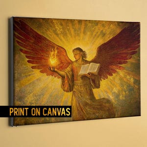 Divine Medieval Archangel Uriel Canvas - Golden Byzantine Angel of Wisdom religious painting - Radiant Traditional Christian art