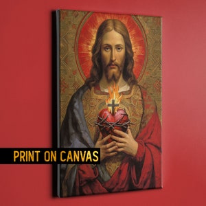 Divine Sacred Heart of Jesus Christ Painting Canvas - Medieval Jesus Portrait - Majestic Byzantine Jesus Icon - Religious housewarming gift