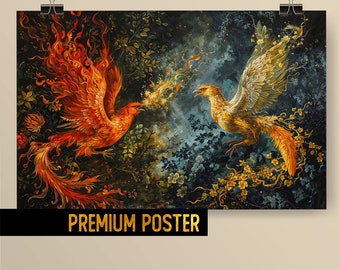 Enchanting Romantic Rococo Fire Birds - Fantasy painting, mythological animals Rococo art - Premium Poster