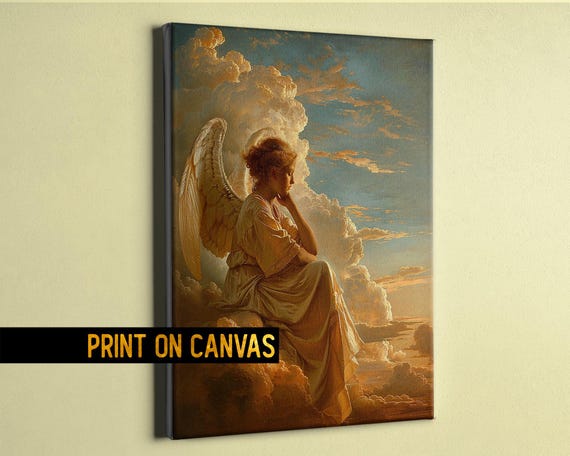 天の守護天使の絵画 - 穏やかで平和な天使のアートキャンバス - 天の