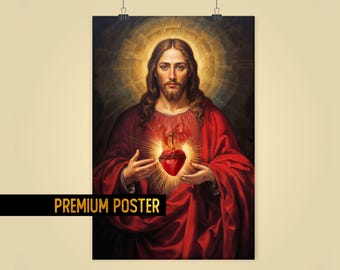 Divine Baroque style Sacred Heart of Jesus Wall Art Print - Vivid Sacred heart Catholic Poster - House Blessing Housewarming Gift Idea