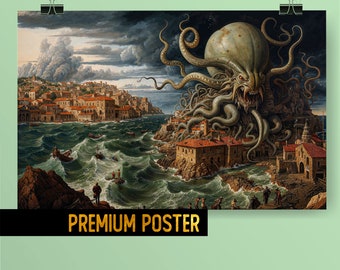 Kraken Attack Maritime Art Poster - Legendary Sea Monster Painting - Lovecraftian Mythology - Renaissance mediterranean folklore