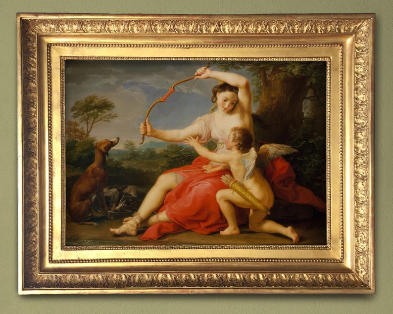 Artemis goddess and Cupid - 18th century rococo painting by Pompeo Batoni - greek mythology cherub for art lovers