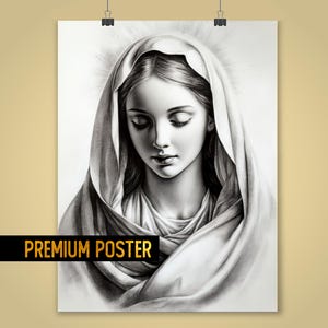 Sacred Mary Kohle Skizze Portrait Poster - Jungfrau Maria Kunstwerk - Anmutige Schwarz und Weiß Maria Kunst für katholische Dekoration