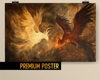 Phoenix Battle Art - Medieval War & Mythology Artwork -  Phoenix vs Firebird - Fantasy Classical renaissance painting - Premium Poster