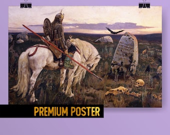 Póster de "Caballero en la encrucijada" de Viktor Vasnetsov, pintura histórica rusa, arte épico para aficionados a la historia y decoración de paredes medievales.
