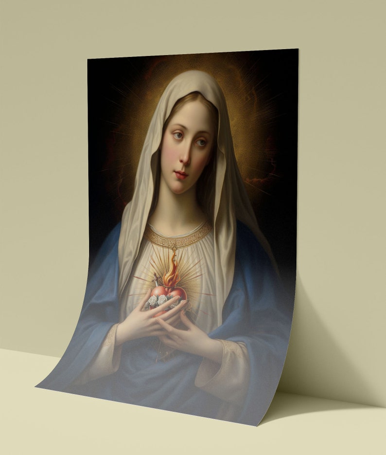 Immaculate heart of Mary Poster , Italian Renaissance Art , Virgin Mary sacred heart , heavenly Spiritual gift - HQ Satin Poster (300gsm)
