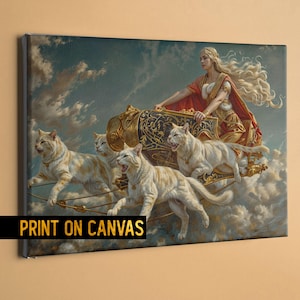 Freya Goddess of Love with Chariot of Cats Print on Canvas - Freya Fantasy Norse Mythology Digital Art - Freyja Valkyrie Art for Home Decor