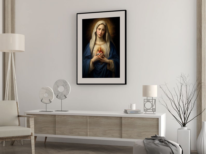 Immaculate heart of Mary Poster , Italian Renaissance Art , Virgin Mary sacred heart , heavenly Spiritual gift - HQ Satin Poster (300gsm)