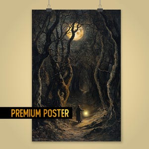 Grimm Fairytales inspired Moonlit Forest Poster - Haunting wall art - Dark haunted Forest Under full moon painting Art for Gothic Decor