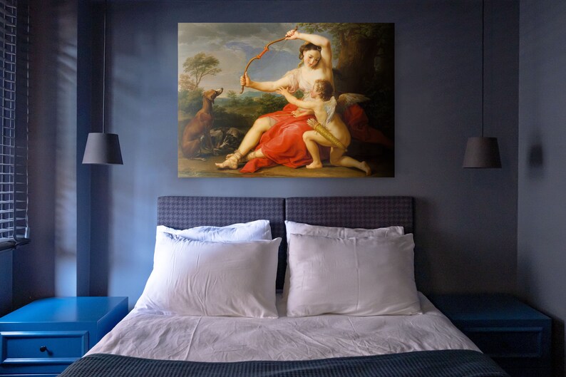 Artemis goddess and Cupid - 18th century rococo painting by Pompeo Batoni - greek mythology cherub for art lovers