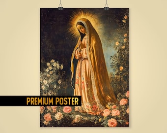 Impresión artística devocional de la Virgen de Guadalupe - Arte popular sagrado mexicano - Póster romántico adornado de la Virgen de Guadalupe para decoración católica del hogar