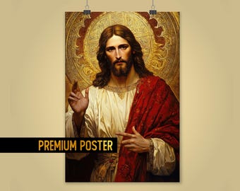 Byzantine Art Poster of Jesus Giclée Print - Divine Religious Wall Art, Antique Christ Painting gift for catholics - Medieval orthodox Icon