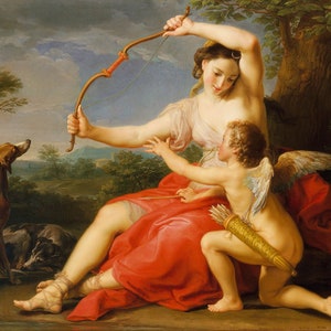 Artemis goddess and Cupid - 18th century rococo painting by Pompeo Batoni - greek mythology cherub for art lovers