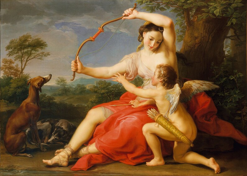 Artemis goddess and Cupid - 18th century rococo painting by Pompeo Batoni - greek mythology cherub for art lovers
