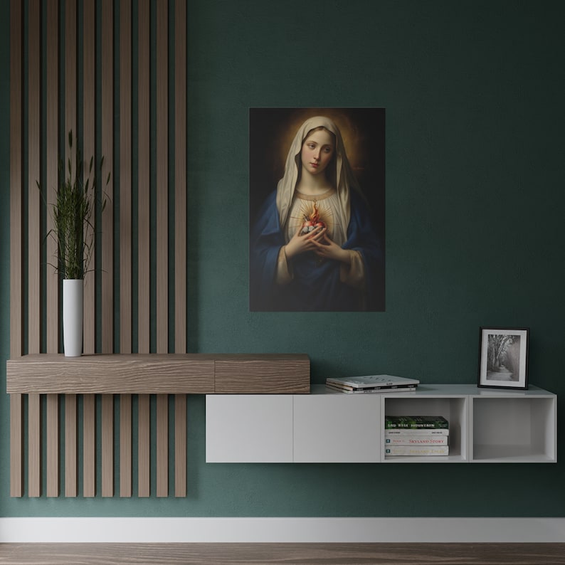 Immaculate heart of Mary Poster , Italian Renaissance Art , Virgin Mary sacred heart , heavenly Spiritual gift - HQ Satin Poster (300gsm)