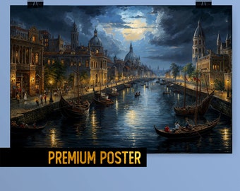 Twilight in Venice under Full Moon Art renaissance Poster , Romantic Historical