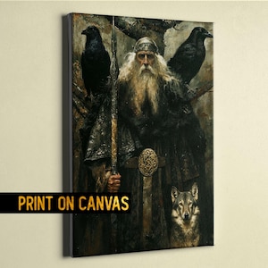 Viking God Odin Canvas – Norse Mythology Allfather Portrait, Odin with Ravens and Wolf, Mystical Norse Deity Art for Wall Decor