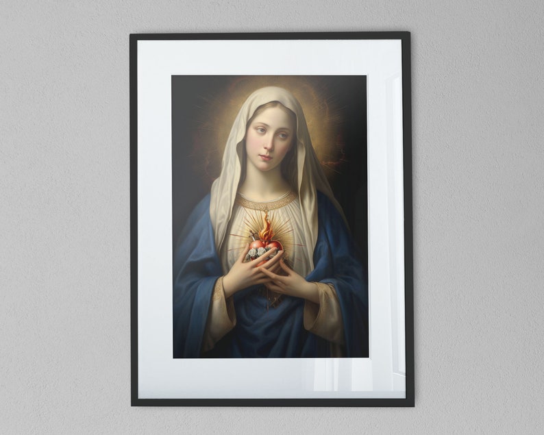 Immaculate heart of Mary Poster , Italian Renaissance Art , Virgin Mary sacred heart , heavenly Spiritual gift - HQ Satin Poster (300gsm)