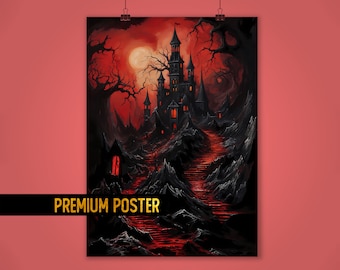 Haunting Gothic Castle Under Full Moon Poster - Dark Fantasy Castle eerie landscape art