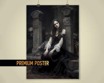 Gothic romantic Poster digital painting - Beautiful victorian gothic lady on a cemetery